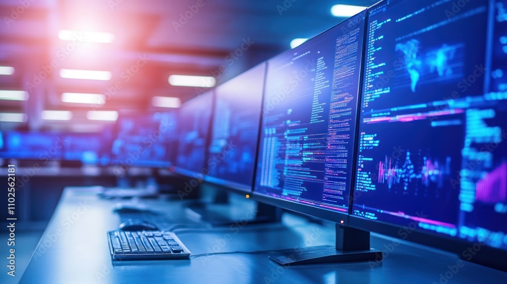 Multiple computer monitors displaying data and analytics in a tech environment. Multiple computer monitors displaying data and analytics in a tech environment.