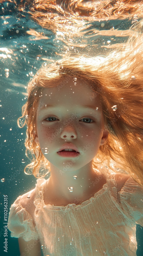 Young girl with flowing hair and serene expression submerged underwater, surrounded by bubbles, golden sunlight filtering through, creating an enchanting aquatic scene Young girl with flowing hair and serene expression submerged underwater, surrounded by bubbles, golden sunlight filtering through, creating an enchanting aquatic scene