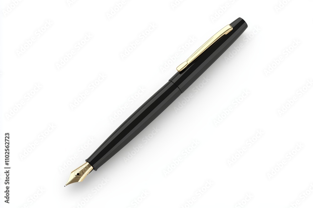A black pen with gold trim sits on a white background A black pen with gold trim sits on a white background