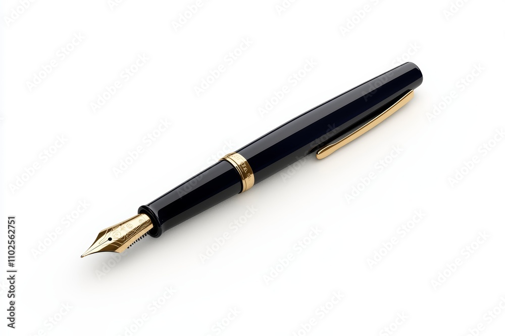 A black pen with gold trim sits on a white background A black pen with gold trim sits on a white background