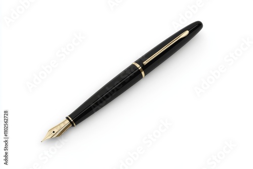 A black pen with gold trim sits on a white background