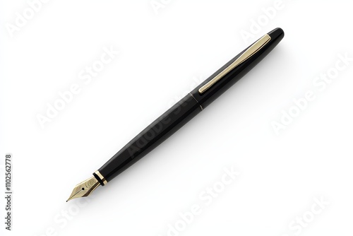 A black pen with gold trim sits on a white background