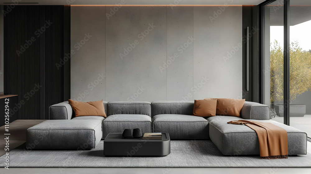 Fototapeta premium Modern Sectional Sofa in Minimalist Living Room with Concrete Wall