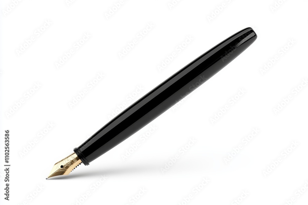 A black pen with gold trim sits on a white background A black pen with gold trim sits on a white background