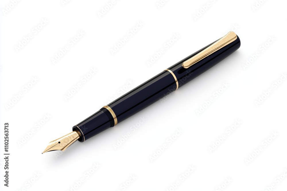 A black pen with gold trim sits on a white background A black pen with gold trim sits on a white background
