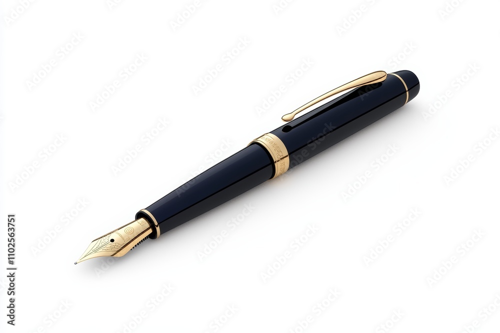 A black pen with gold trim sits on a white background A black pen with gold trim sits on a white background