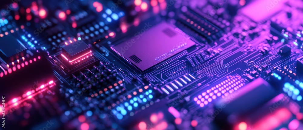 A close-up of a colorful circuit board with glowing components. A close-up of a colorful circuit board with glowing components.