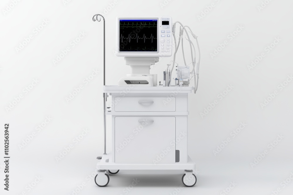 A white medical device with a monitor and a syringe A white medical device with a monitor and a syringe