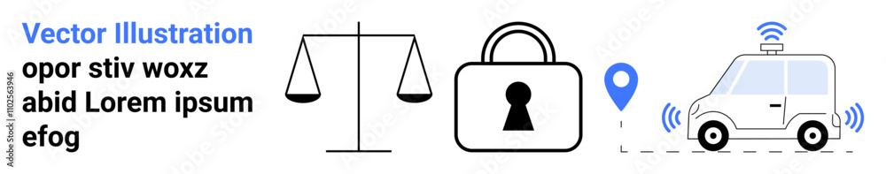 Scales of justice, a padlock symbol, and a smart car with a blue GPS pin and signal waves. Ideal for legal services, cybersecurity, technology, GPS tracking, smart vehicles, transportation online Scales of justice, a padlock symbol, and a smart car with a blue GPS pin and signal waves. Ideal for legal services, cybersecurity, technology, GPS tracking, smart vehicles, transportation online