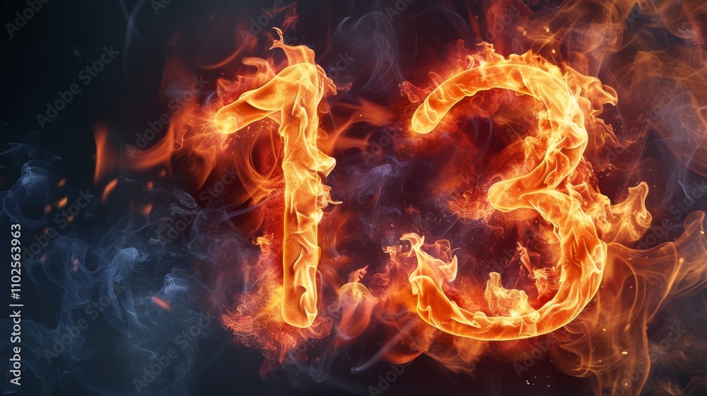 Fototapeta premium The number 13 glows brightly in fiery orange flames, surrounded by swirling smoke, creating a dramatic and symbolic depiction of danger and superstition. AI generated.