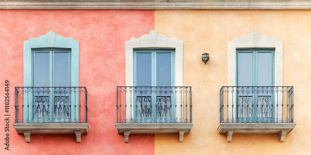 Mediterranean Building Facade, Three Pastel Balconies with Wrought Iron Railings on a Two-Tone Wall