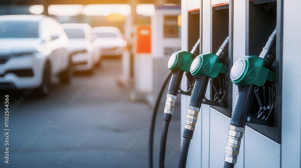 Petroleum and fuel consumption, A gas station scene featuring fuel pumps with green nozzles, illuminated by warm sunlight, and vehicles in the background. Petroleum and fuel consumption, A gas station scene featuring fuel pumps with green nozzles, illuminated by warm sunlight, and vehicles in the background.