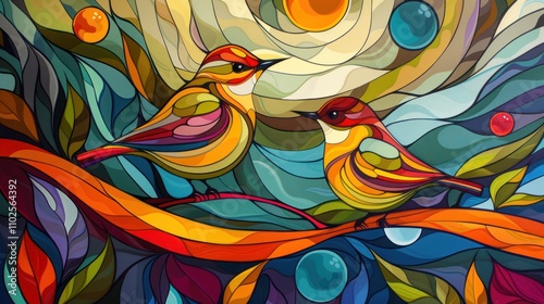 Two colorful birds perched on a branch in a vibrant, stained-glass style illustration.