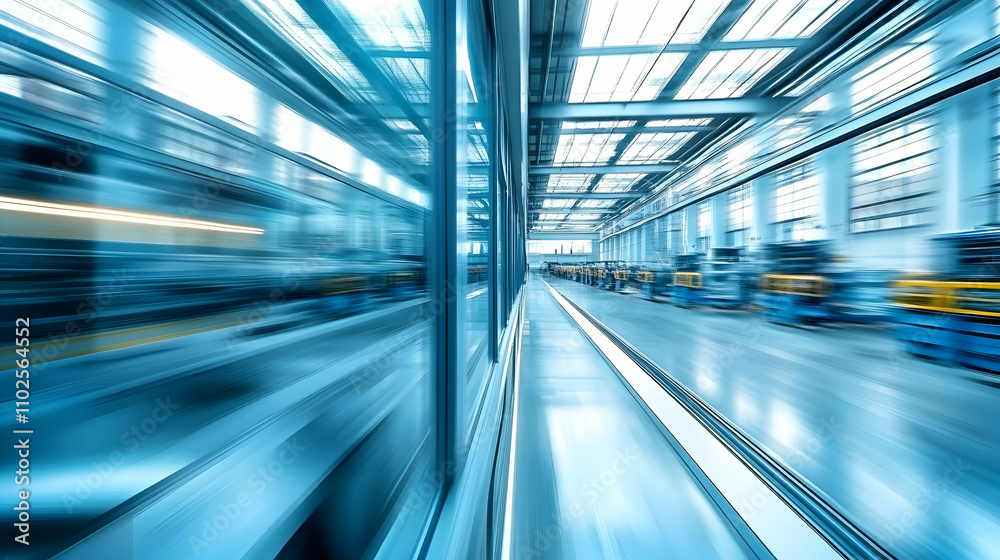 Abstract Blue Factory, Motion Blur of Industrial Machinery Speeding Through Modern Facility, High-Speed Production Line. Abstract Blue Factory, Motion Blur of Industrial Machinery Speeding Through Modern Facility, High-Speed Production Line.