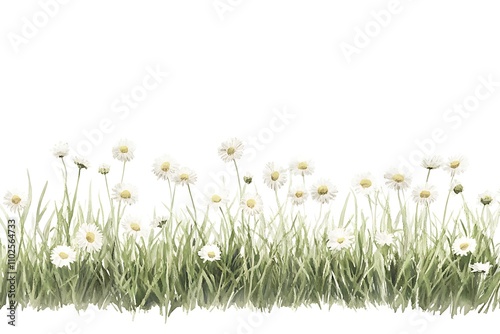 A line grass with white flowers resembling daisies, illustrated in watercolor and isolated.