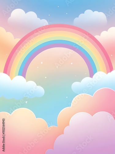 Pastel Rainbow Dreamscape: A Whimsical Illustration of a Rainbow Arcing Across a Sky Filled with Soft, Pastel Clouds