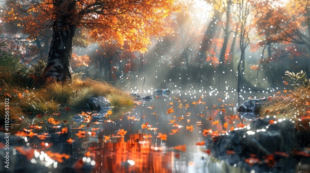 Fototapeta premium Sunlit autumn scene with falling leaves reflecting in a calm stream.