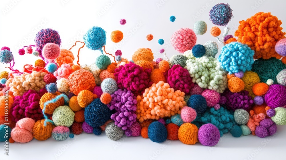 Fototapeta premium Colorful Collection of Textured Yarn Pom Poms and Fiber Balls
