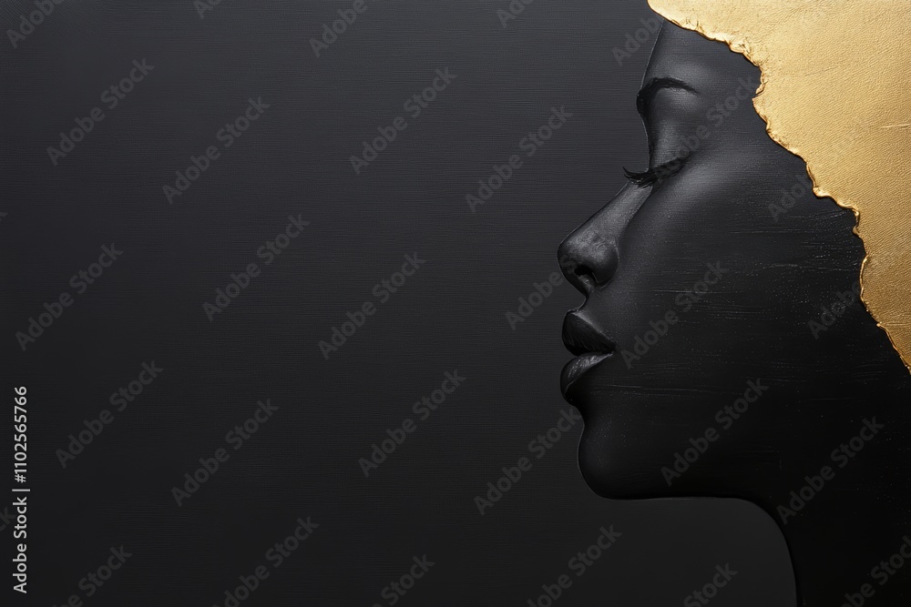 A woman's face is painted gold and black on a black background A woman's face is painted gold and black on a black background