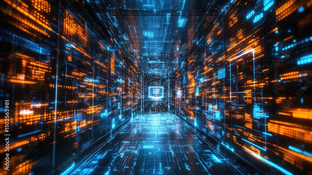 Fototapeta premium Futuristic Digital Tunnel with Blue and Orange Light Patterns