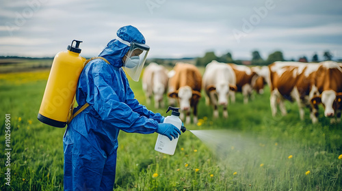 Wallpaper Mural Agricultural Worker in Protective Suit Sprays Pesticide on Lush Green Pasture with Cows Grazing Torontodigital.ca