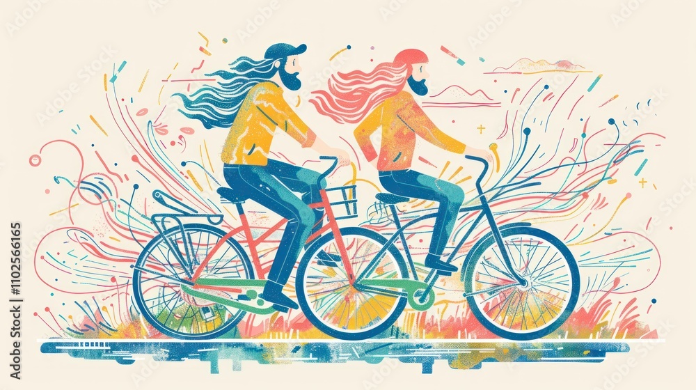 Fototapeta premium Couple biking together, vibrant illustration.
