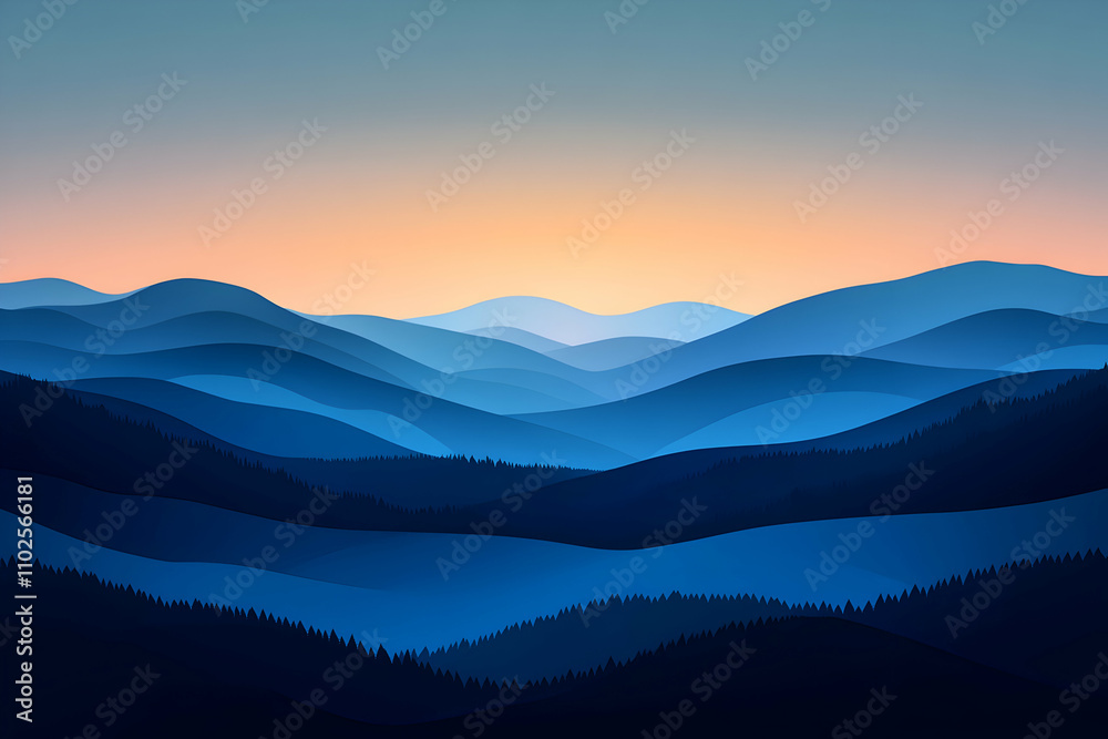 Obraz premium Serene Blue Mountain Range Illustration, Layers of hills bathed in sunset's soft glow, creating a peaceful landscape.