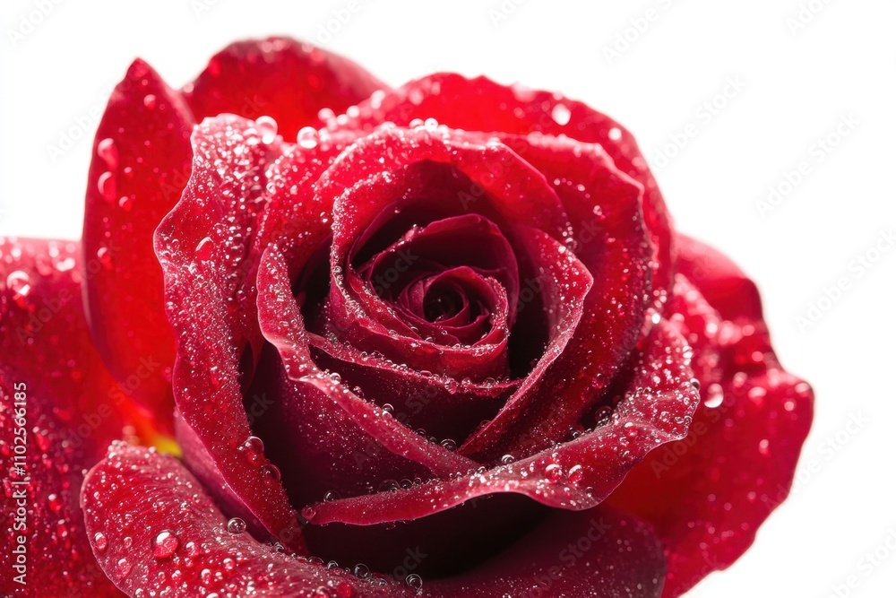 Elegant red rose with dew on petals against a soft white background, symbolizing love and romance. Elegant red rose with dew on petals against a soft white background, symbolizing love and romance.