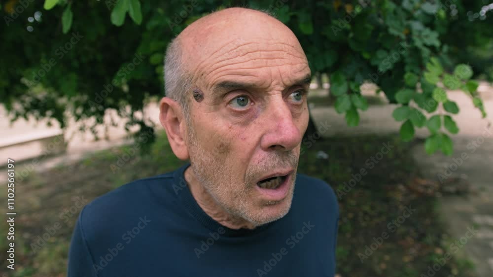 Scared Elderly Bald Man Looks Terrified In Shock Sitting Under A Tree Scared Elderly Bald Man Looks Terrified In Shock Sitting Under A Tree