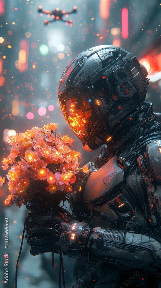 Futuristic Robot With Flowers in Neon Cityscape: A Stunningly Detailed Portrait of a Cyborg Holding a Bouquet in a Cyberpunk Environment Futuristic Robot With Flowers in Neon Cityscape: A Stunningly Detailed Portrait of a Cyborg Holding a Bouquet in a Cyberpunk Environment