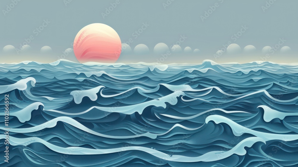 Tranquil ocean waves at sunset with a stylized sun. Tranquil ocean waves at sunset with a stylized sun.