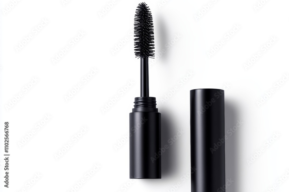 A black mascara wand is shown with a black container