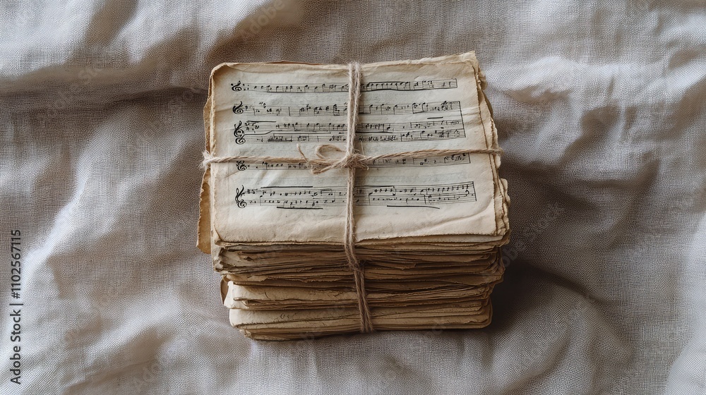 Naklejka premium Vintage Music Sheets Tied with Twine on a Textured Fabric Surface