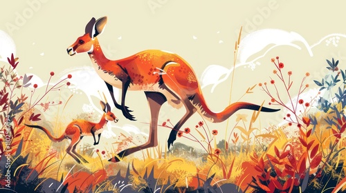 Red kangaroo with joey hopping through autumnal grasslands. photo