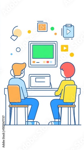Two individuals are actively participating in an online training session. They are seated at a desk, focused on a computer screen displaying training content