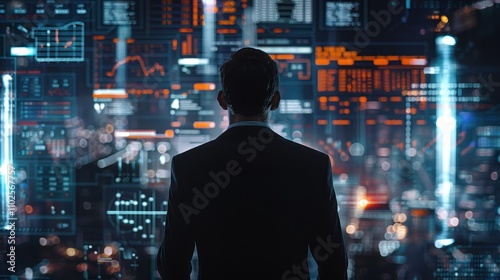 Businessman reviewing data on a large digital screen.