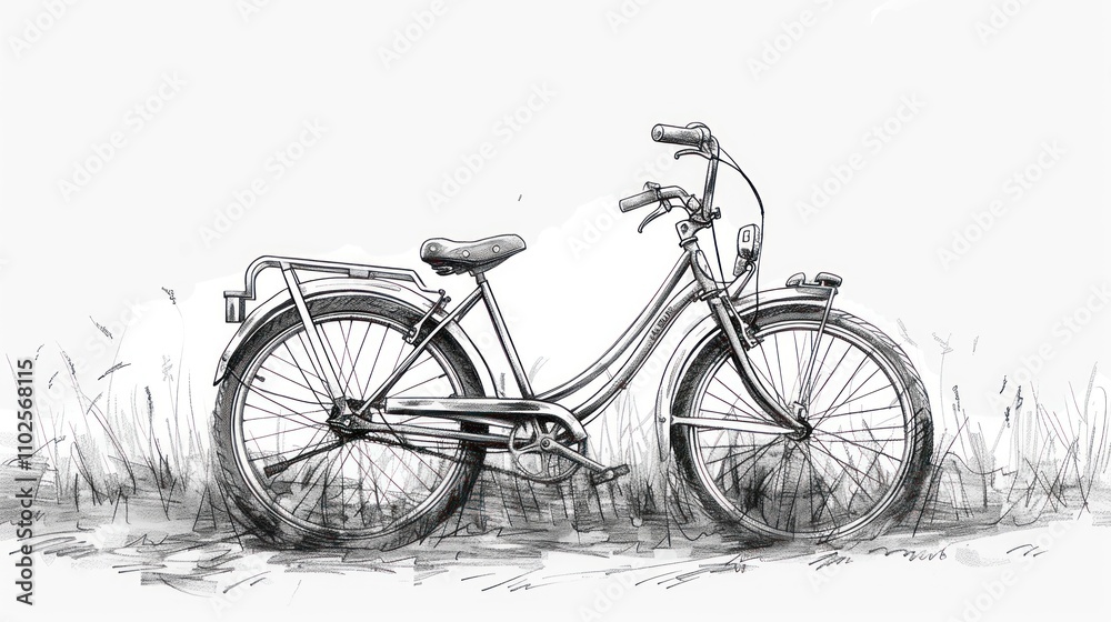 Obraz premium Sketch of vintage bicycle in field.