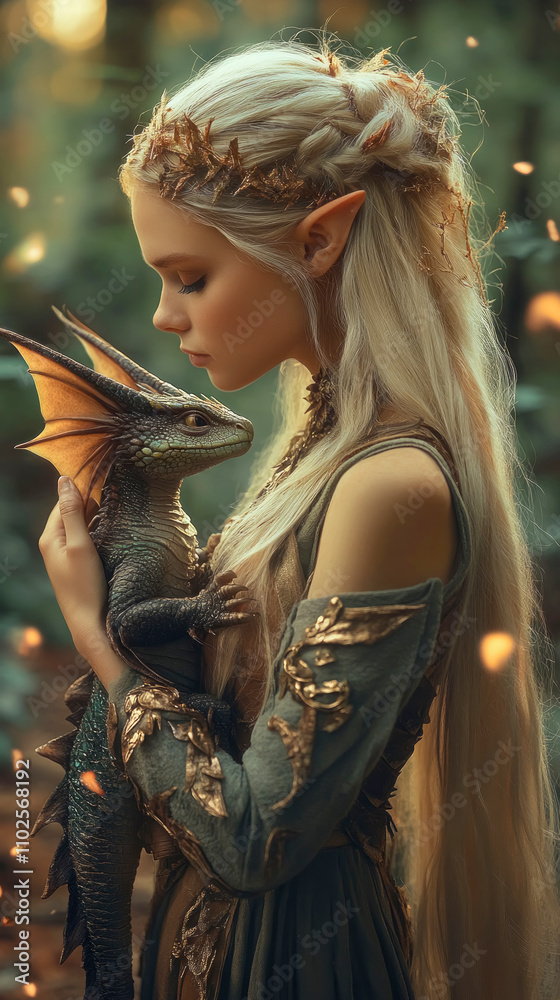 Enchanting elf princess cradles a small dragon amidst a mystical forest war zone showcasing resilience and beauty Enchanting elf princess cradles a small dragon amidst a mystical forest war zone showcasing resilience and beauty