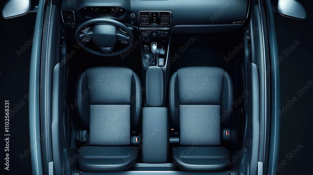 Aerial View of Car Interior with Two Seats and Dashboard Elements Aerial View of Car Interior with Two Seats and Dashboard Elements