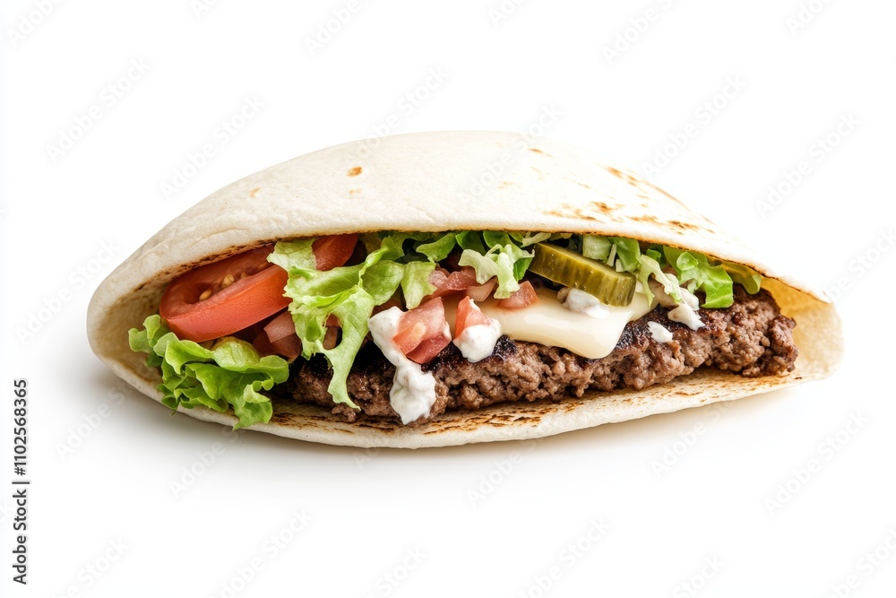 A hamburger with lettuce and tomatoes is served in a tortilla