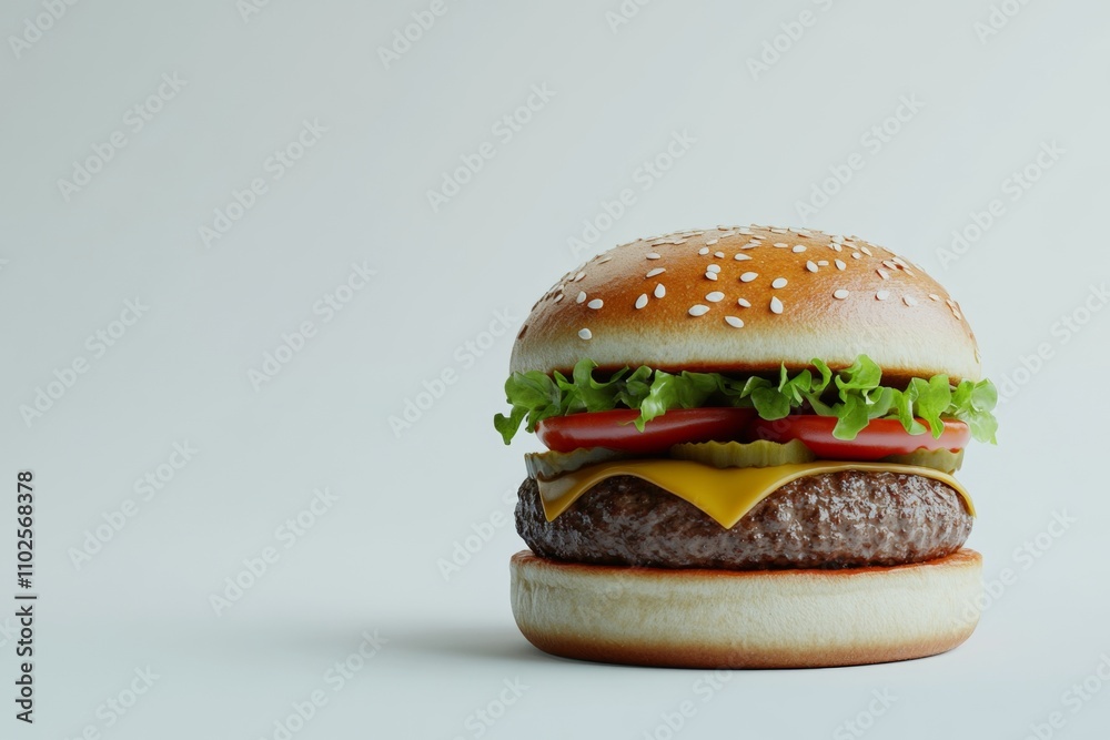 A hamburger with lettuce, tomato, and cheese on a white background A hamburger with lettuce, tomato, and cheese on a white background