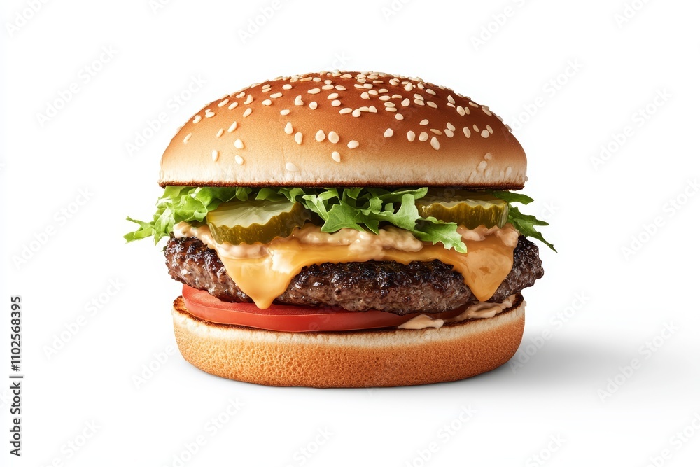 A hamburger with a slice of tomato and pickles on top A hamburger with a slice of tomato and pickles on top