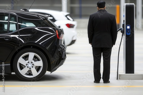 Petroleum and fuel consumption, A man stands by an electric vehicle charging station, with a black car and a white car parked nearby in a modern garage setting.