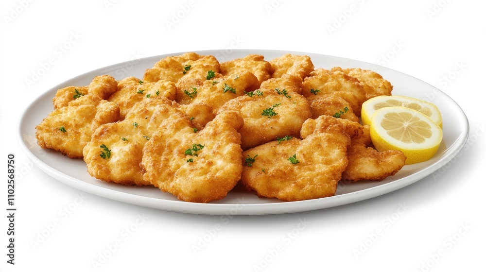 Crispy Fried Chicken Bites with Fresh Lemon Wedge on White Plate Crispy Fried Chicken Bites with Fresh Lemon Wedge on White Plate