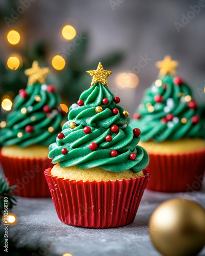 Delightful Christmas tree cupcakes with festive decorations creating a joyful holiday atmosphere