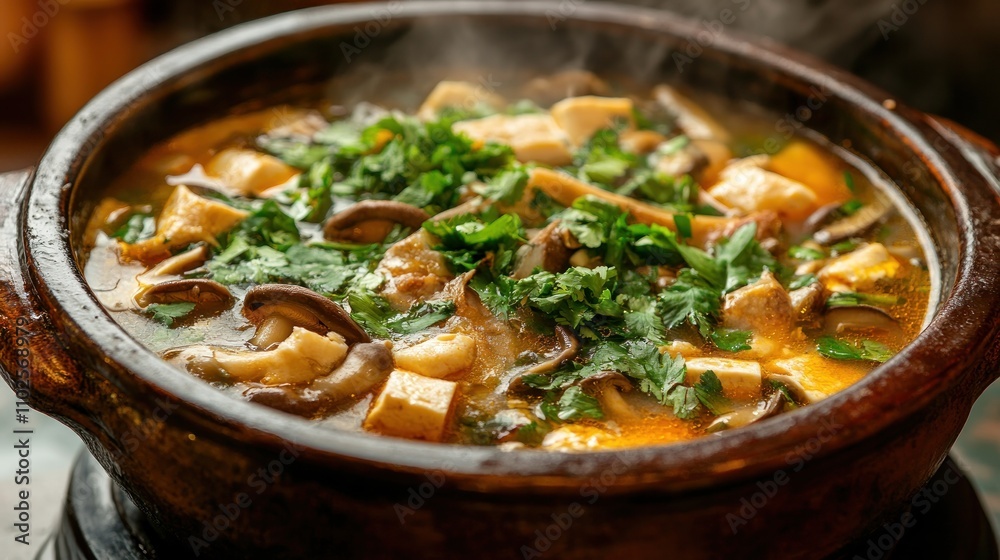 A steaming hotpot (nabe) with a variety of mushrooms, tofu, vegetables, and thinly sliced beef, simmering in a clay pot A steaming hotpot (nabe) with a variety of mushrooms, tofu, vegetables, and thinly sliced beef, simmering in a clay pot