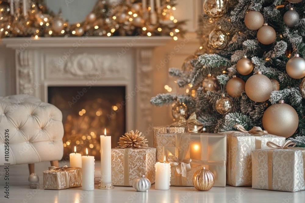 Golden Holiday Elegance, Festive Composition with Candles and Gifts, Serene Christmas Tree Backdrop, Warm Celebratory Atmosphere.