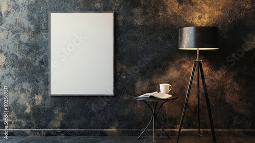 Fototapeta Naklejka Na Ścianę i Meble -  Textured wall with blank billboard coffee table and moody lighting