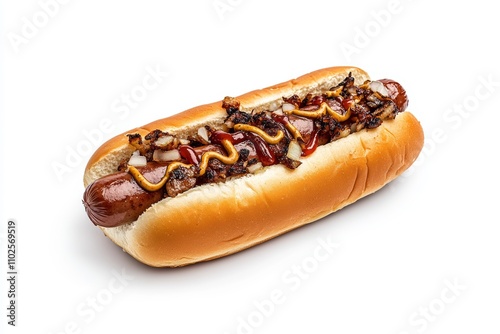 A hot dog with mustard and ketchup on a bun photo