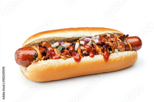 A hot dog with ketchup and onions on it